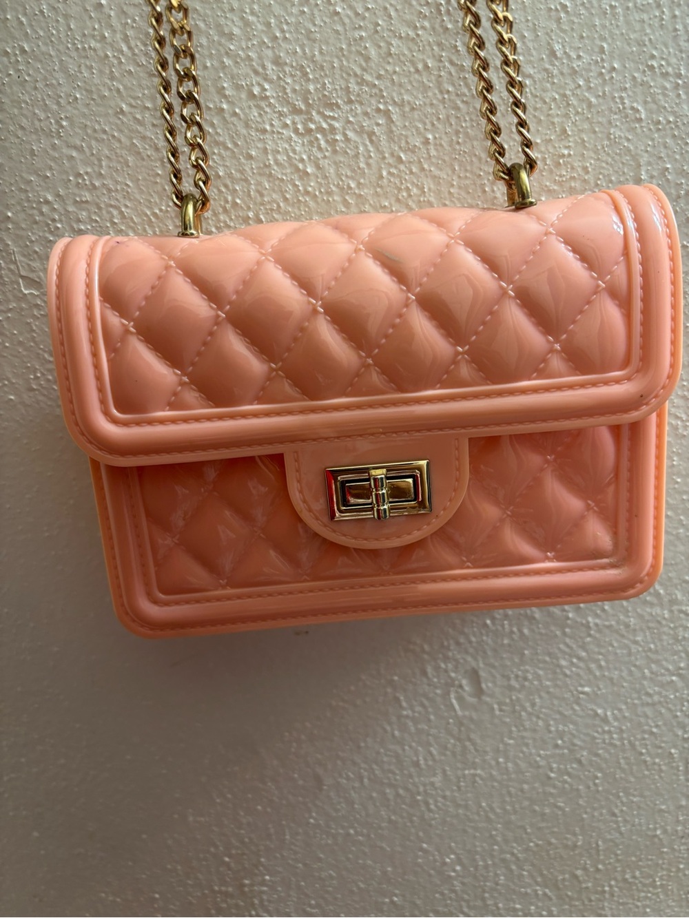 Peach Quilted Crossbody Bag with Gold Chain